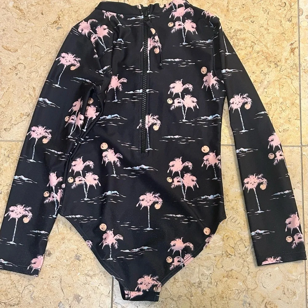 Feather 4 Arrow Girls Black & Pink Palm-Print Long Sleeve One-Piece Swimsuit 6